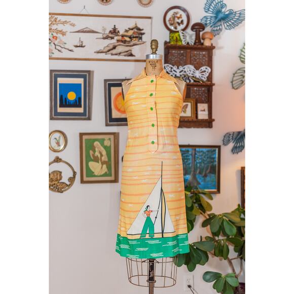 Vintage 60s Sailor Novelty Dress, Yellow Striped Sundress Sailboat Seagulls XS - Picture 15 of 15